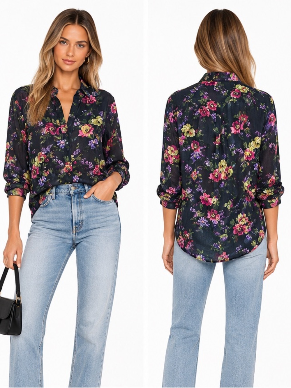 Aritzia Talula Floral Button Down Shirt blouse Black multi color silk cotton